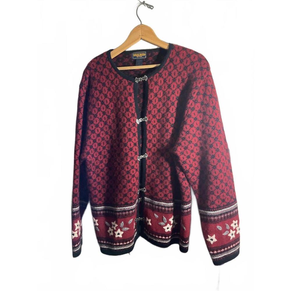 Woolrich Women's Red/Burgundy Embroidered Wool Cardigan Sweater XL - Picture 2 of 9